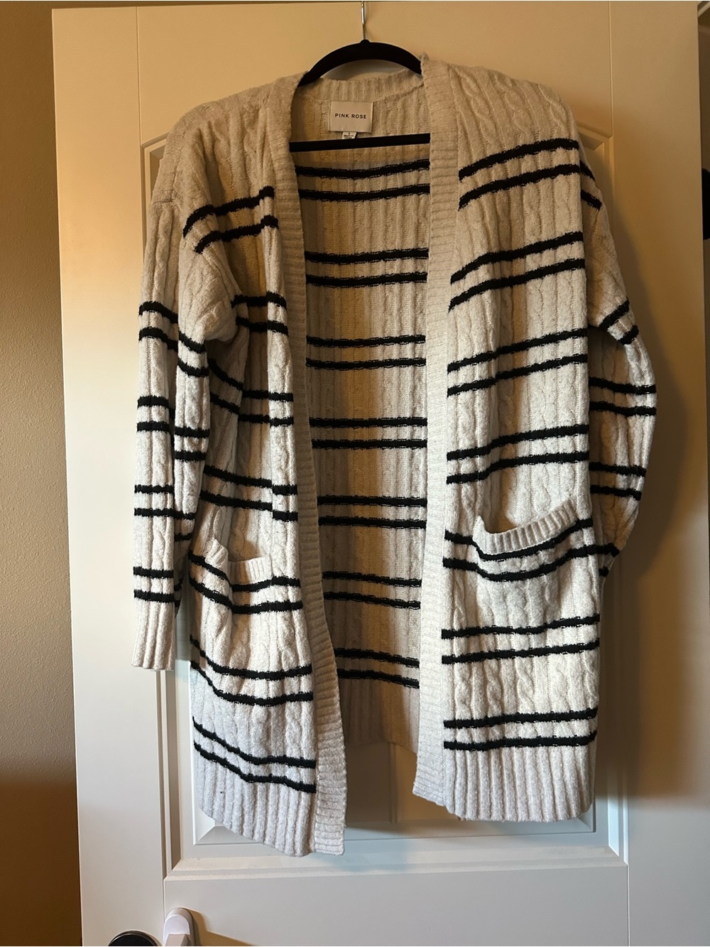 Pink Rose Cream Open-Front Striped Cable Knit Cardigan